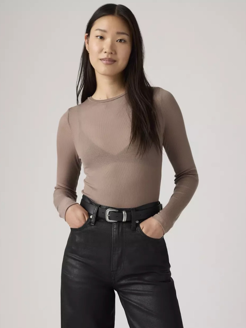 Levi's Women's Sheer Long Sleeve Crew Neck Top - Taupe Grey